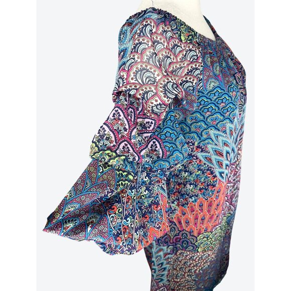 MSK Petite Womens Vibrant Multicolored Paisley Tunic Dress 3/4 Ruched Sleeves PM - Picture 7 of 14